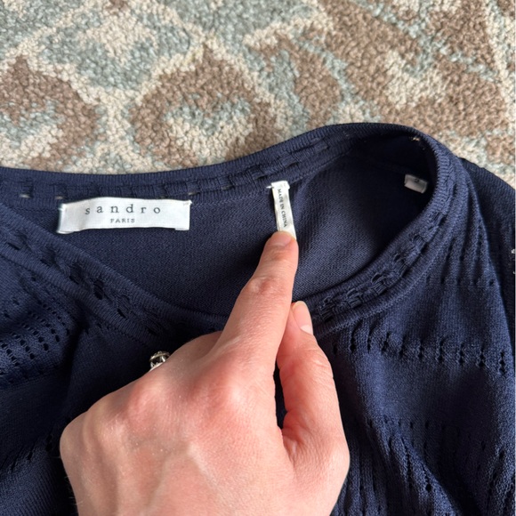 Sandro Dark Navy Blue Pointelle Eyelet Button Up Crew Neck Cardigan Size 2 or S - Picture 3 of 11